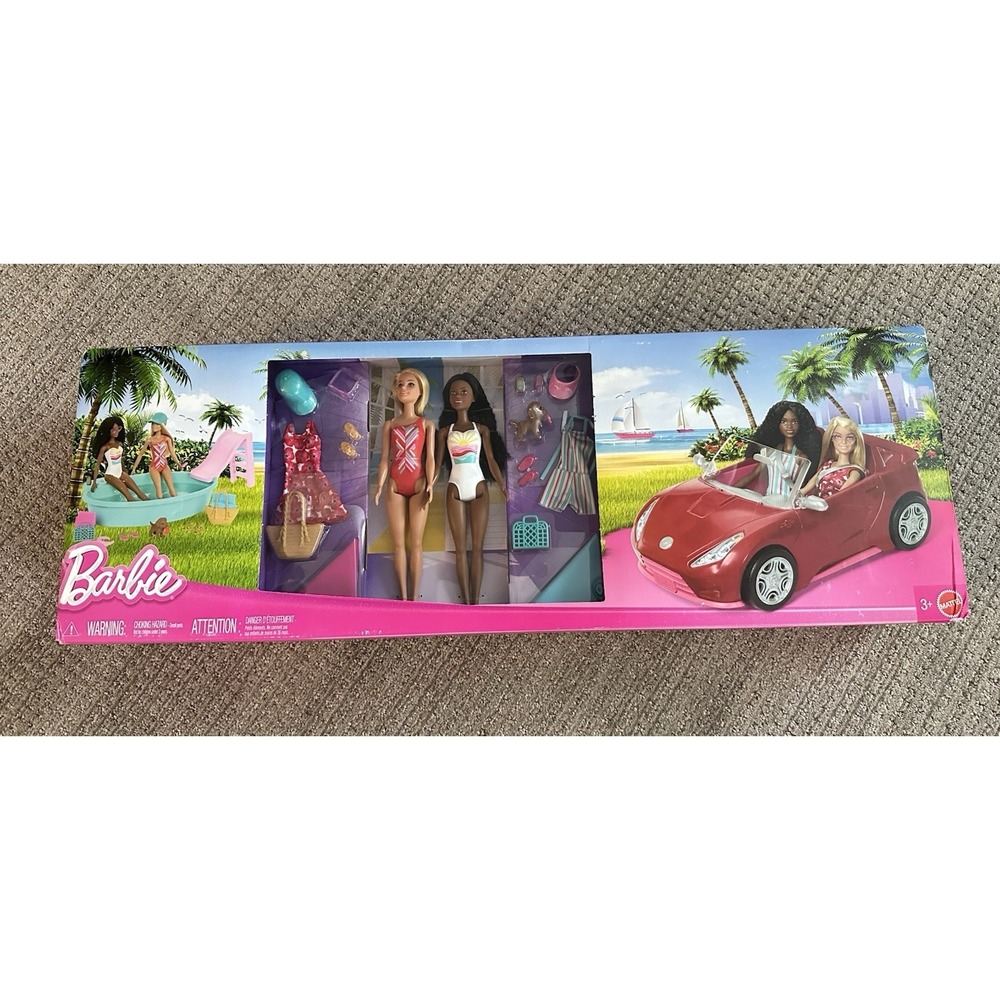 Barbie Playset with 2 Fashion Dolls, Convertible Toy Car & Pool